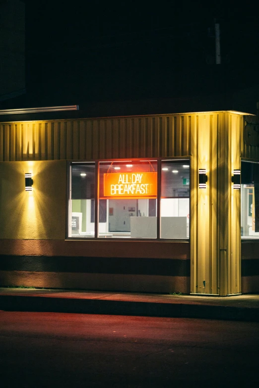 a restaurant that is lit up at night, by Matt Cavotta, mr beast, regal fast food joint, profile image, breakfast