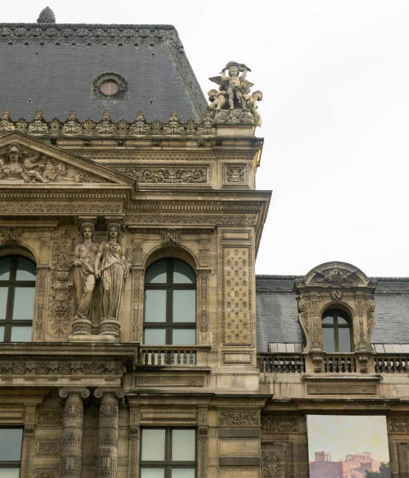 a large building with a clock on top of it, a statue, inspired by Alexandre Falguière, paris school, high texture detail), looking across the shoulder, on loan from louvre, left profile