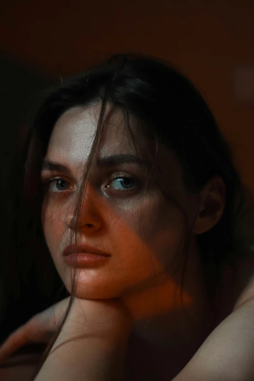 a woman sitting in front of a laptop computer, a photorealistic painting, by Adam Marczyński, pexels contest winner, hyperrealism, realistic face moody lighting, phoebe tonkin, cinematic closeup, attractive woman