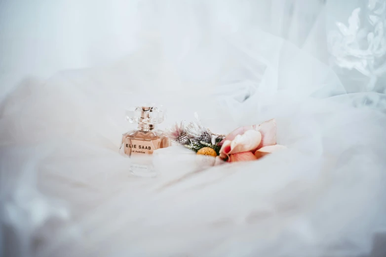 a bottle of perfume sitting on top of a bed, a still life, by Sam Black, pexels contest winner, romanticism, wearing a wedding dress, white background, background image, miniatures