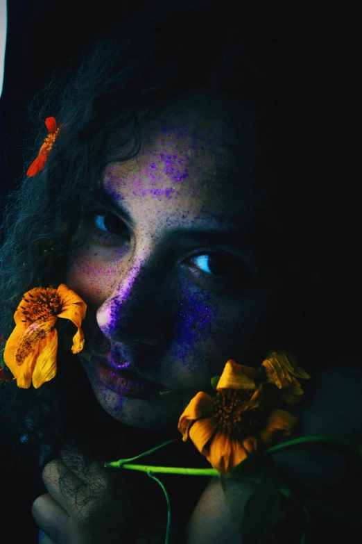 a woman holding a flower in front of her face, an album cover, inspired by Elsa Bleda, pexels contest winner, black light, portrait made of paint, yellow pupils, ((portrait))