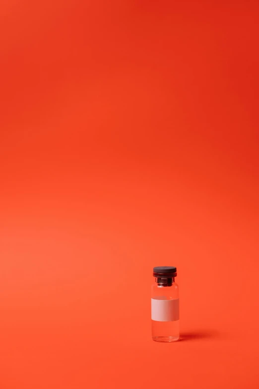 a bottle of liquid on an orange background, a picture, by Thomas de Keyser, rinko kawauchi, syringe, vermilion, minimal