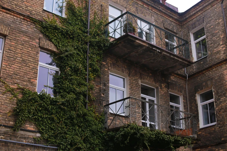 a building with vines growing up the side of it, by Konrad Witz, pexels contest winner, fan favorite, balcony scene, andrei tarkovsky, brick building