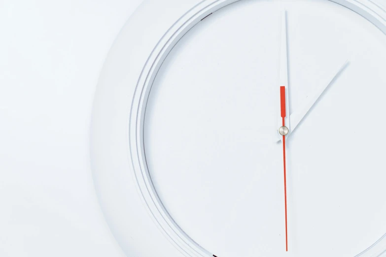 a close up of a clock on a wall, by Doug Ohlson, minimalism, white red, thumbnail, white, 8