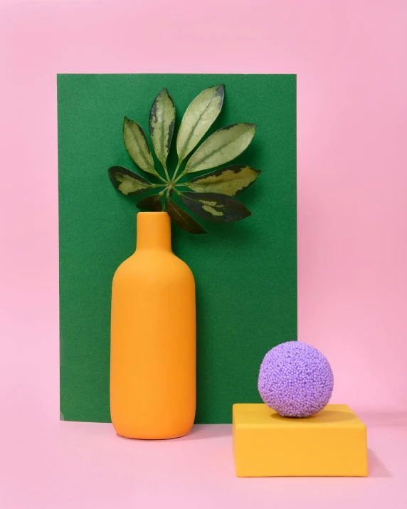 a vase sitting on top of a yellow block next to a plant, a still life, inspired by Henri Matisse, trending on unsplash, green and purple studio lighting, sponge, round bottle, miniature product photo