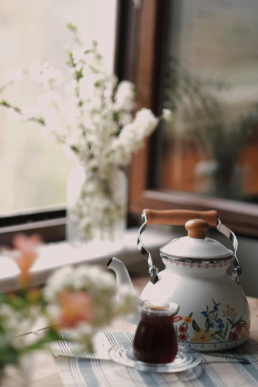 a tea pot sitting on top of a table next to a window, a picture, by Pamela Ascherson, unsplash, flowers around, manuka, vintage theme, full frame image