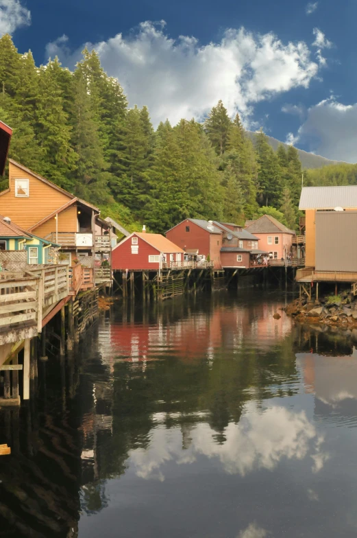 a number of houses near a body of water, alaska, wooden buildings, mossy buildings, street view