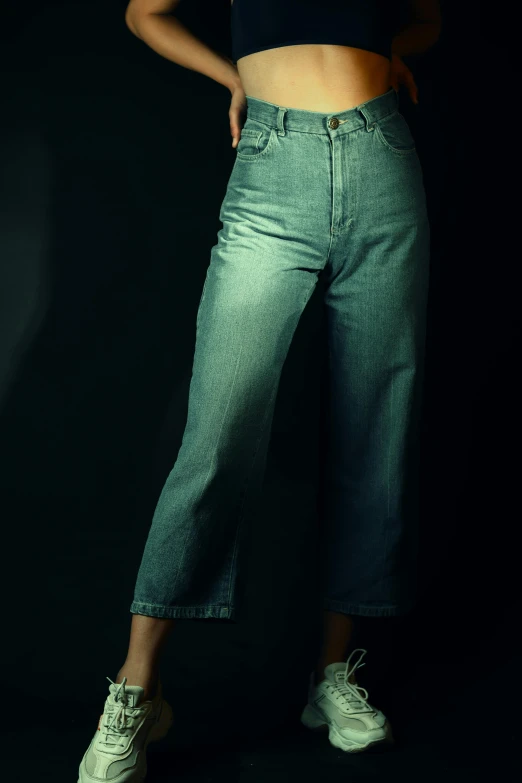 a woman posing in a black top and jeans, inspired by Elsa Bleda, trending on pexels, renaissance, gradient light green, worn pants, studio medium format photograph, wearing denim