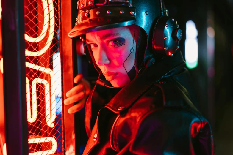 a man wearing a helmet standing in front of a neon sign, cyberpunk art, by Julia Pishtar, trending on pexels, photograph of a techwear woman, red lighting on their faces, she looks like a mix of grimes, wearing cyberpunk leather jacket