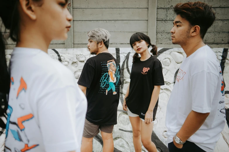 a group of people standing next to each other, a cartoon, inspired by Gang Hui-an, unsplash, graphic tees, portrait mode photo, side profile shot, cindy avelino