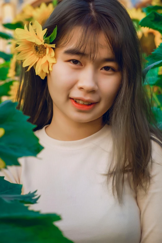 a woman with a flower in her hair, inspired by Jin Nong, pexels contest winner, colors : yellow sunflowers, 🤤 girl portrait, soft round face, young cute wan asian face