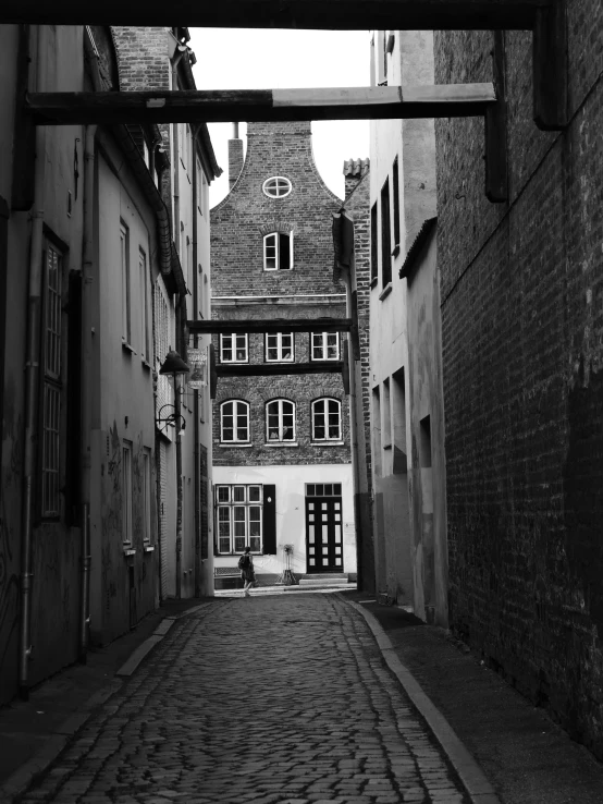 a black and white photo of a narrow street, by Jan Tengnagel, walking out of a the havens gate, architecture in the background, maze, about to step on you