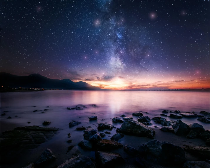 a star filled sky over a body of water, pexels contest winner, romanticism, multiple stories, purplish space in background, brown, epic landscape