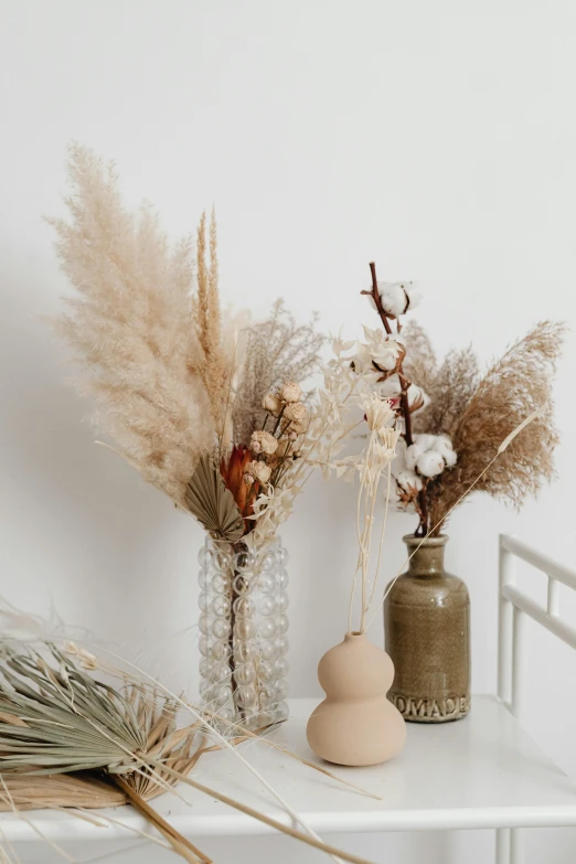 a couple of vases sitting on top of a white table, by Sydney Carline, trending on pexels, made of dried flowers, indoor picture, reeds, studio photo