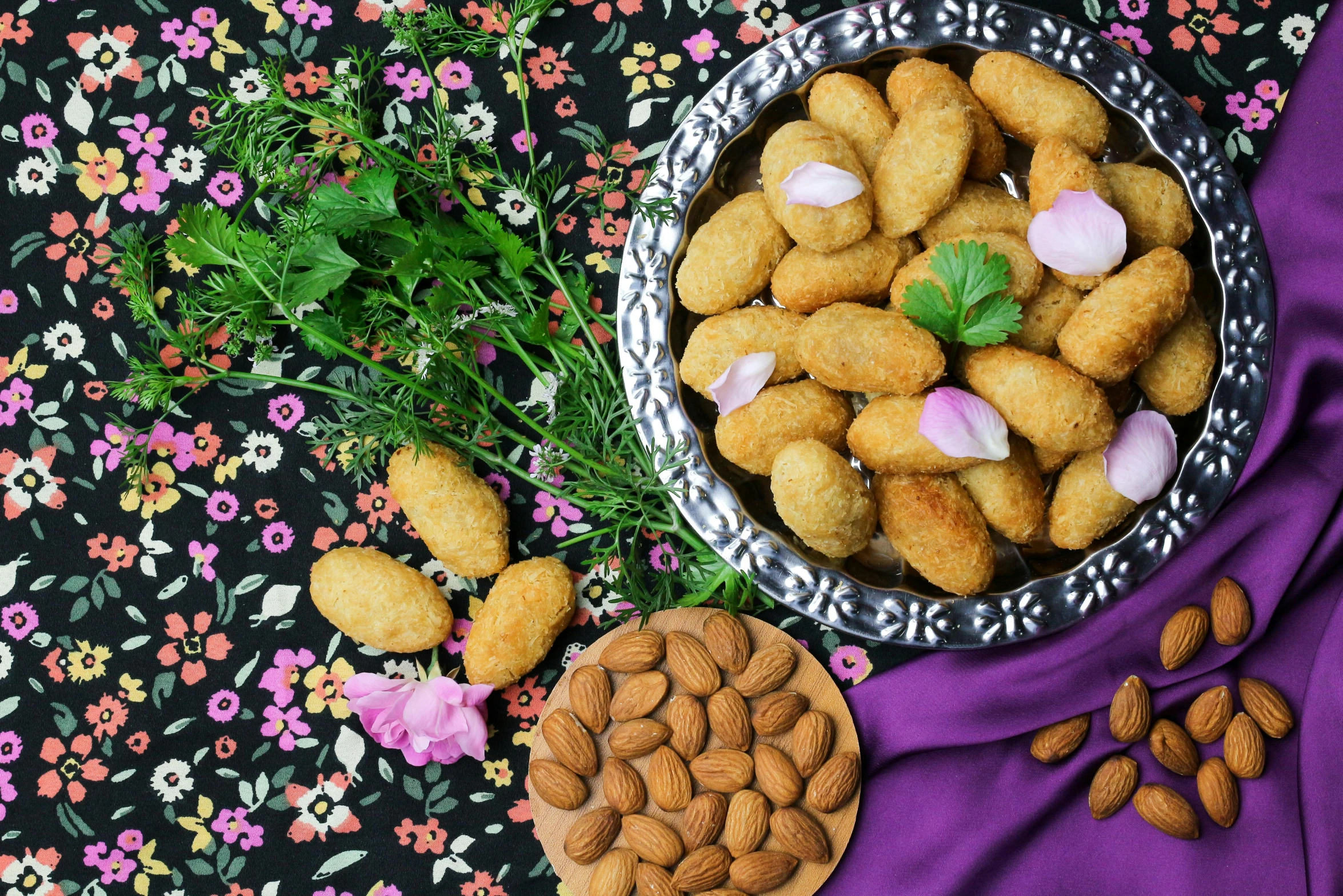 a bowl of food sitting on top of a table, by Julia Pishtar, dau-al-set, almond blossom, chicken nuggets, background image, orthodox