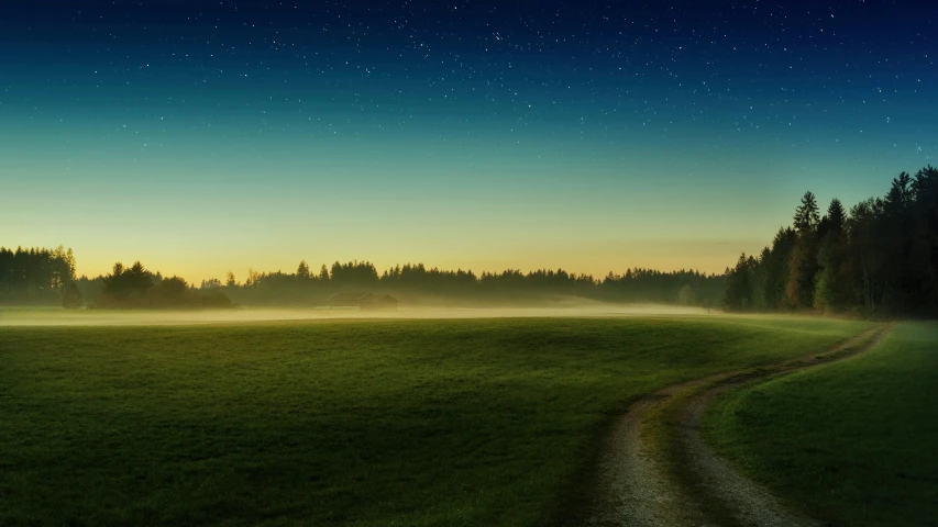 a field with a dirt road in the middle of it, pexels contest winner, magical realism, night sky; 8k, light green mist, blue hour stars, paul barson