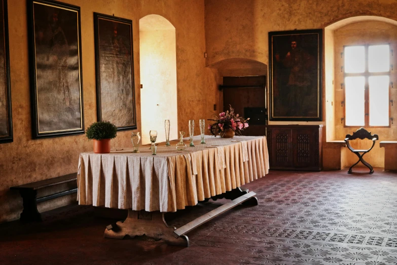 a dining room with a table and chairs, a portrait, pexels contest winner, renaissance, monastery, tablecloth, linen, parce sepulto