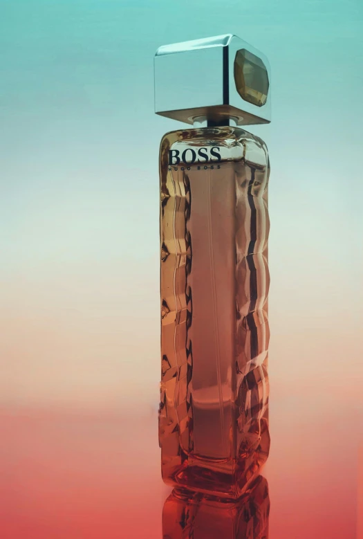 a bottle of perfume sitting on top of a table, inspired by Mike Winkelmann, unsplash, conceptual art, large tall, sunset, hugo boss prize, detailed color scan”