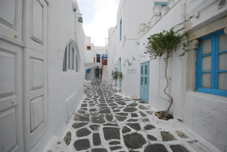 a narrow street with white buildings and blue doors, stone paths, white gallery, portrait image