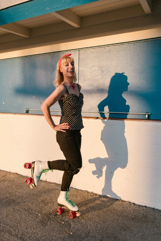 a woman standing on a skateboard in front of a building, by Gwen Barnard, kitsch movement, high light on the left, rockabilly, beth cavener, 15081959 21121991 01012000 4k