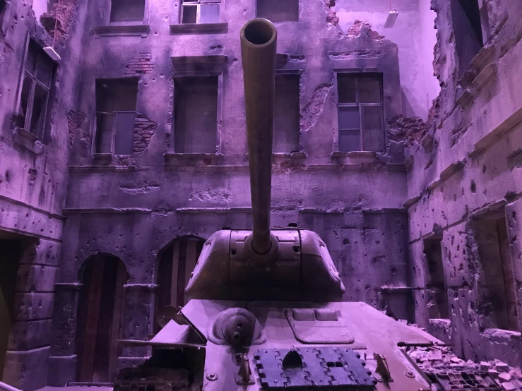 a tank that is sitting inside of a building, pexels contest winner, violet battlefield theme, museum diffuse lighting, egor letov, pink