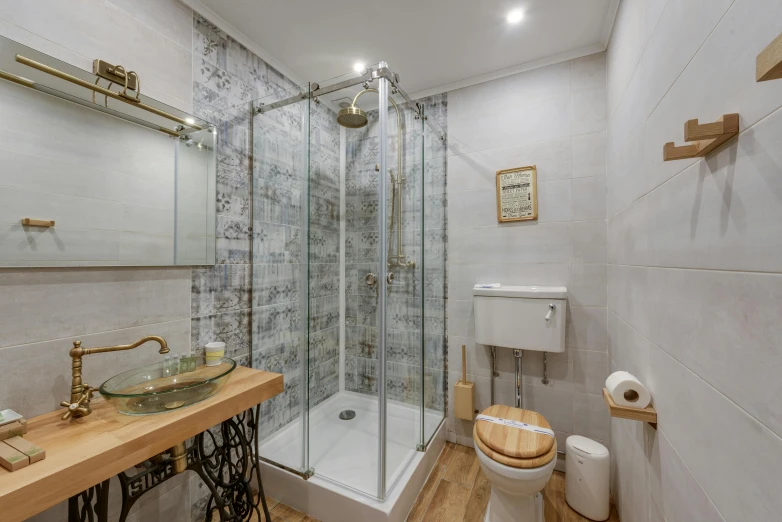 a bath room with a toilet a sink and a shower, a portrait, by Konrad Witz, unsplash, fan favorite, marble and wood and glass, moroccan, square