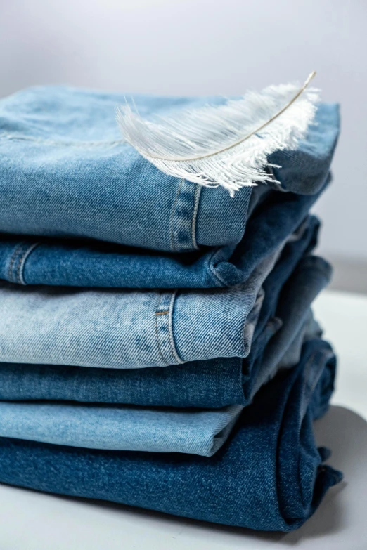 a stack of jeans stacked on top of each other, by Nina Hamnett, trending on pexels, renaissance, feathers ) wet, light blue, product introduction photo, feathered robe
