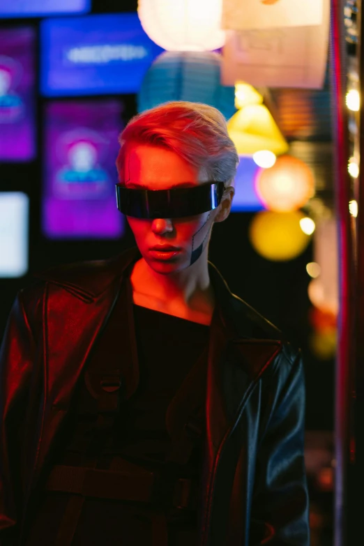 a man in a black leather jacket and sunglasses, cyberpunk art, trending on pexels, an epic non - binary model, in a nightclub, intense albino, beeple and tim hildebrandt
