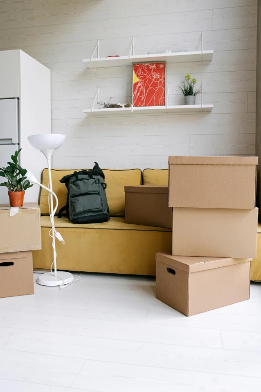 a living room filled with boxes and a couch, a picture, product image, luggage, apartment, rectangle