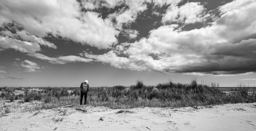 a person standing on top of a sandy beach, a black and white photo, standing in tall grass, on clouds, traverse, oktane