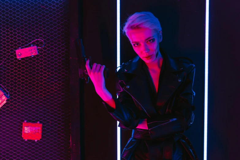 a woman in a leather jacket holding a gun, cyberpunk art, inspired by Elsa Bleda, pexels contest winner, neon lighting medium full shot, anna nikonova aka newmilky, ariana grande as a sith, portrait of kim petras