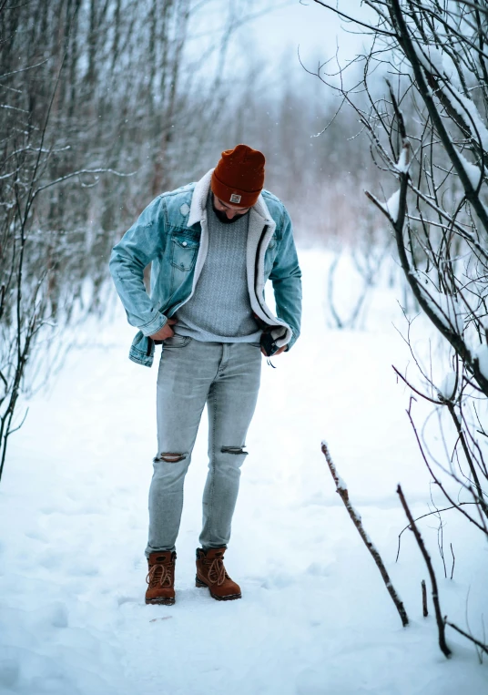 a person that is standing in the snow, inspired by Olaf Gulbransson, pexels contest winner, wearing a jeans jackets, wearing ragged clothing, outdoor photo, fullbody photo