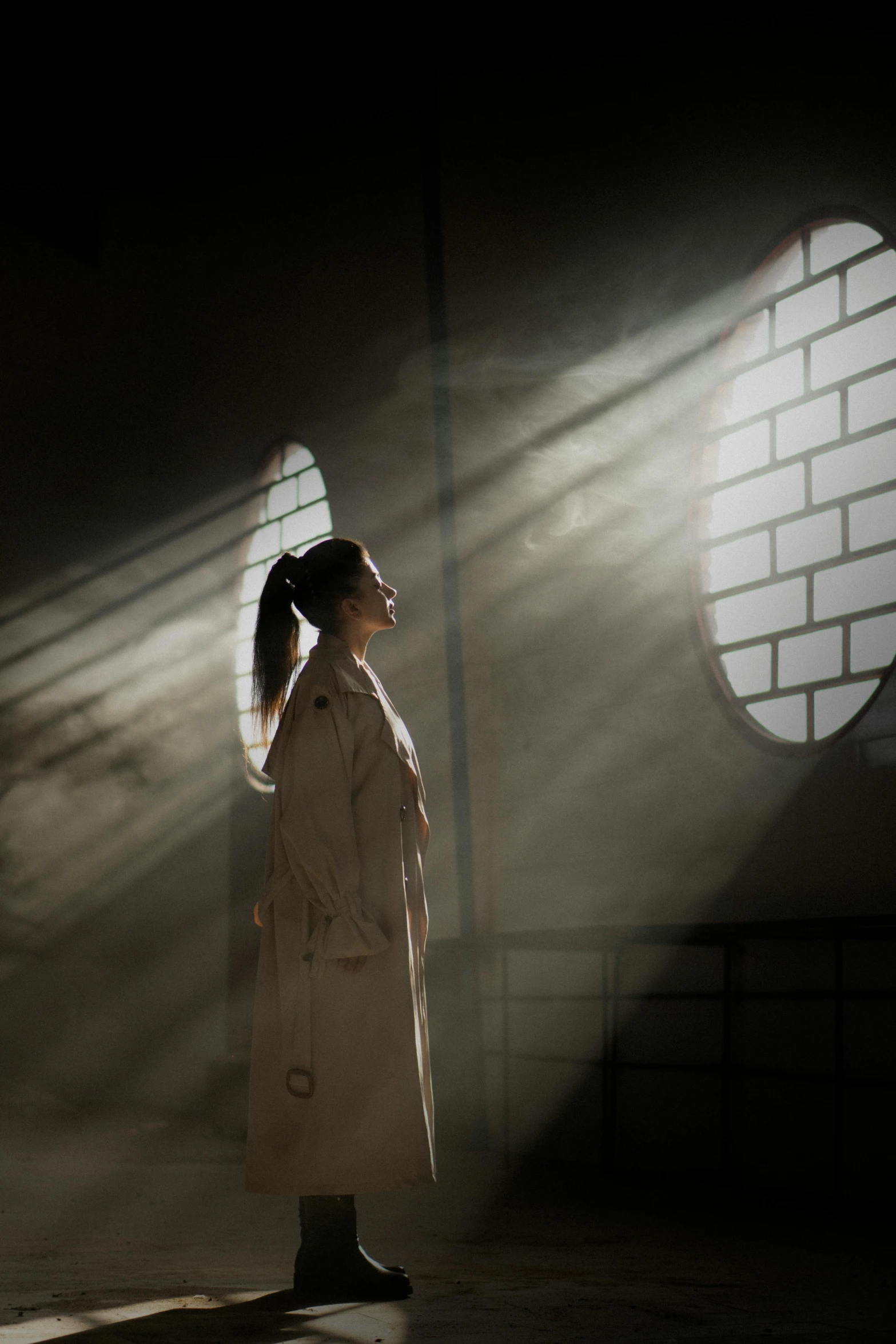 a woman standing in a dimly lit room, by Shang Xi, pexels contest winner, light and space, woman is in a trenchcoat, sun lighting from above, natural prison light, holy light