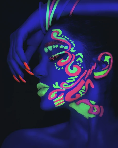 a woman with neon paint on her face, a colorized photo, glowing veins, neon inc, neon aztec, white neon