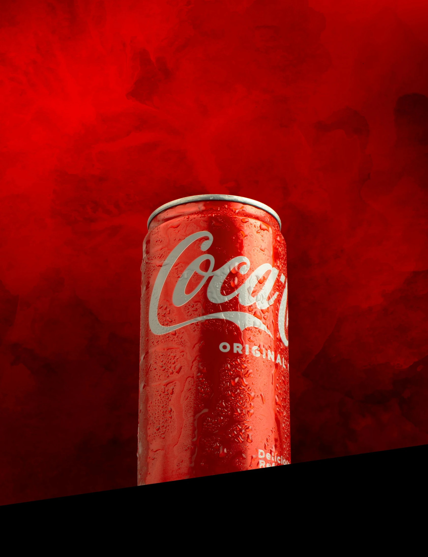 a can of coke sitting on top of a table, blood red background, profile image, octane], with a black background