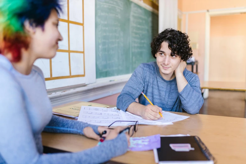 a couple of people that are sitting at a table, ashcan school, background image, whiteboards, lachlan bailey, male teenager