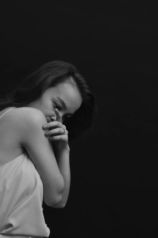 a black and white photo of a woman in a white dress, a black and white photo, by irakli nadar, portrait of depressed teen, 15081959 21121991 01012000 4k, daisy ridley, artem chebokha