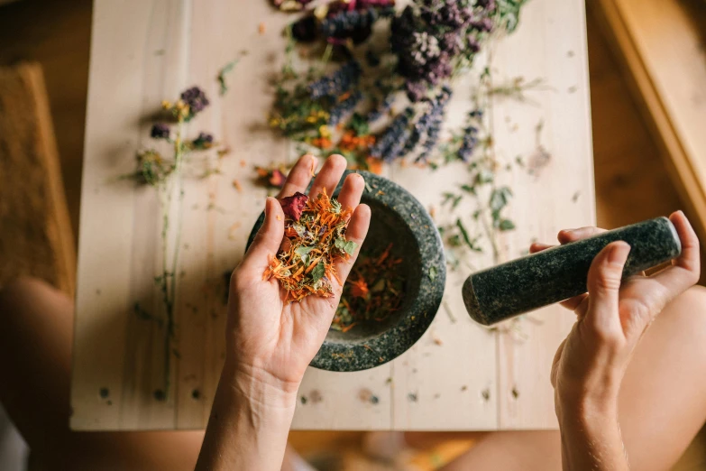 a close up of a person holding a bowl of flowers, mortar and pestle, dried herbs, avatar image