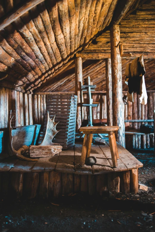 a room filled with lots of wooden furniture, inspired by Einar Hakonarson, trending on unsplash, renaissance, inside primitive hut, blue, high quality photo, prairie