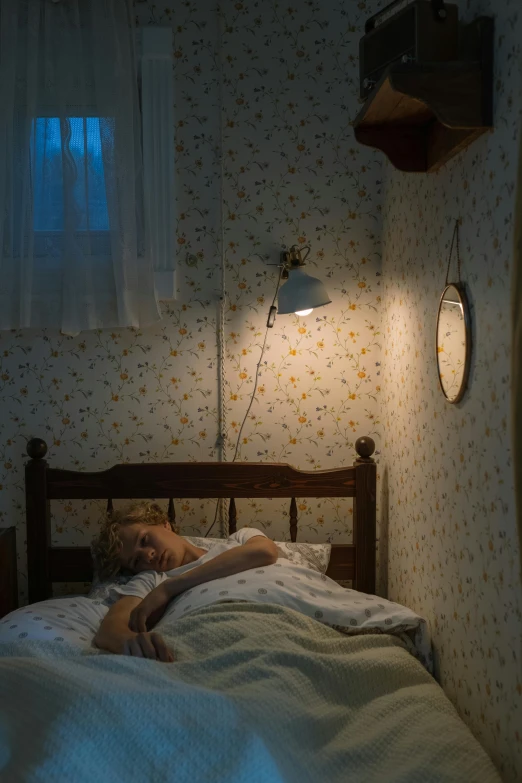 a person laying in a bed under a lamp, inspired by Gregory Crewdson, 2019 trending photo, worried, ignant, photorealistic movie still