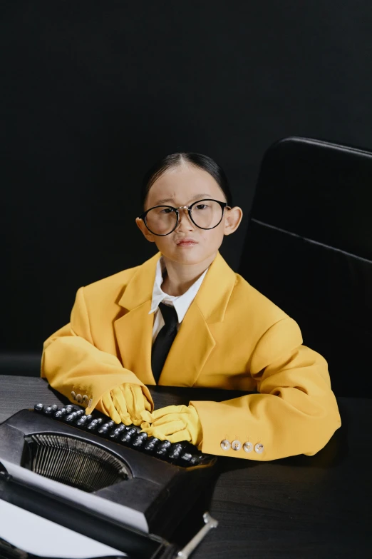 a woman sitting at a desk with a typewriter, an album cover, inspired by Pan Yuliang, trending on pexels, neo-dada, yellow clothes, wearing a strict business suit, bella poarch, hugh kretschmer