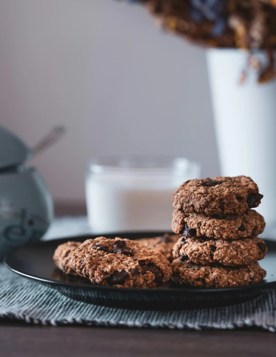 a plate of cookies on a table next to a glass of milk, by Julia Pishtar, unsplash, dau-al-set, square, panoramic shot, dwell, healthy