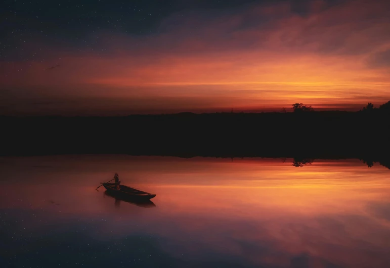 a boat floating on top of a body of water, by Adam Marczyński, pexels contest winner, romanticism, dark orange night sky, serene colors, contemplating existence, like a catalog photograph