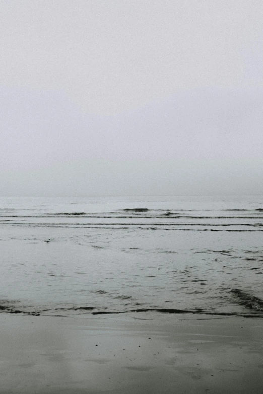 a man standing on top of a beach holding a surfboard, inspired by Andreas Gursky, unsplash, minimalism, gray fog, wide long view, marsh, photograph”