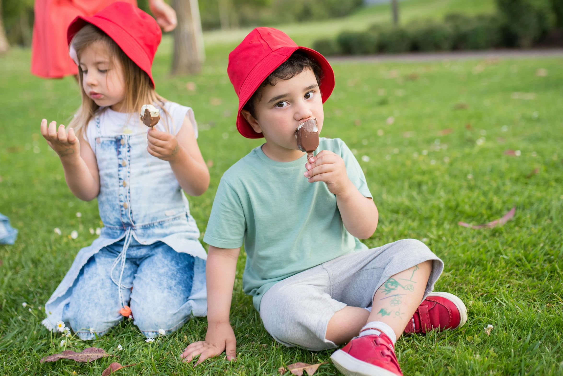 a couple of kids sitting on top of a lush green field, inspired by Elsa Beskow, pexels contest winner, graffiti, eating ice - cream, he has a red hat, red shirt brown pants, avatar image