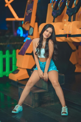 a beautiful young woman sitting on top of a wooden bench, instagram, tachisme, neon lights in background, dressed in a top and shorts, smol, colombian