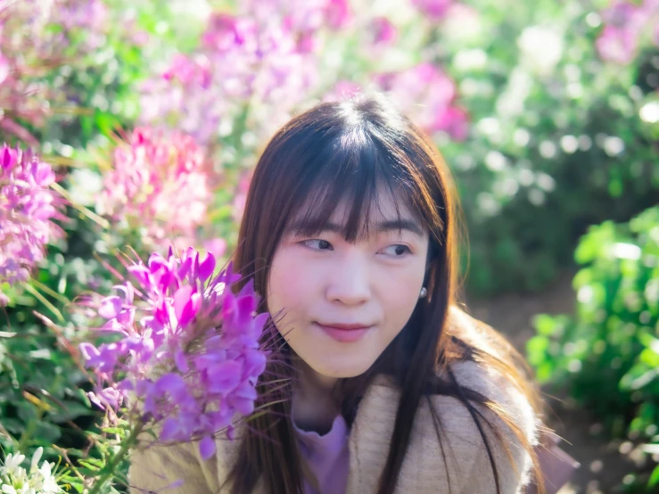 a woman standing in a field of purple flowers, a picture, inspired by Kim Jeong-hui, unsplash, shin hanga, young cute wan asian face, 🤤 girl portrait, lily, ruan cute vtuber