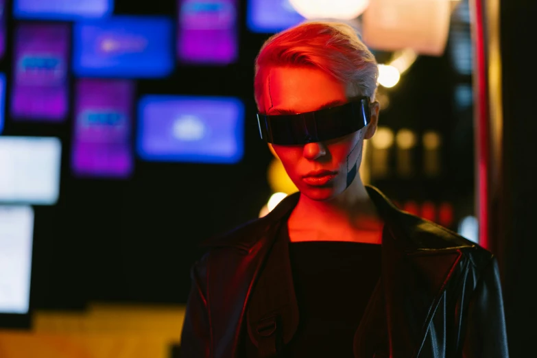 a woman wearing a leather jacket and sunglasses, cyberpunk art, trending on pexels, humanoid robot from ex machina, virtual metaverse room, movie still from bladerunner, sci-fi night club