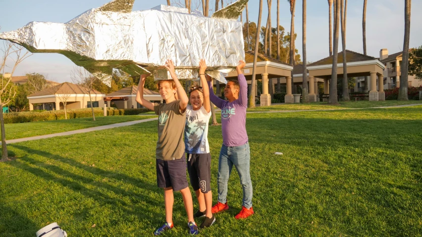 a group of people standing on top of a lush green field, a portrait, by David Brewster, kinetic art, solar sail infront of sun, jpl, hiding large treasure chest, made out of shiny white metal