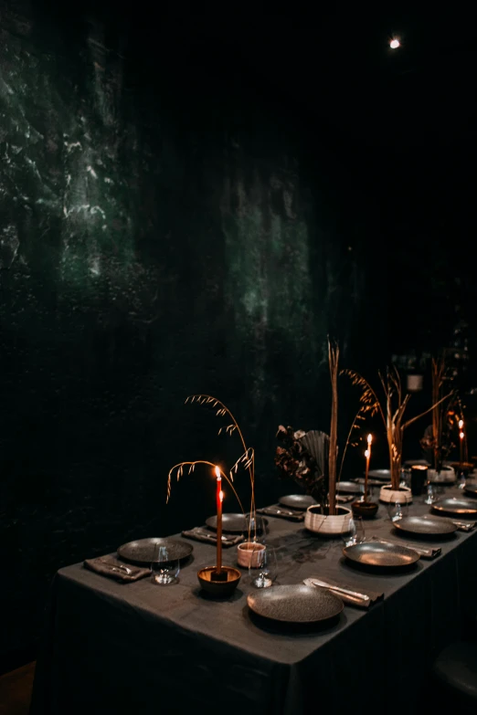 a table that has a bunch of plates on it, inspired by Jan Lievens, trending on unsplash, candlelit catacombs, charcoal and silver color scheme, full-body, copper and emerald